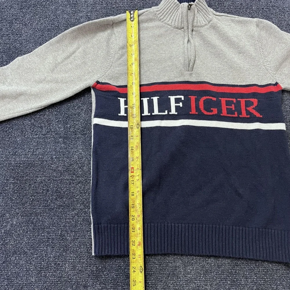 Tommy Hilfiger Sweater Youth Large‎ 16/18 Gray Navy Half Zip Pullover Spell Out